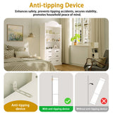 Bedroom scene with furniture and an anti-tipping device illustration, emphasizing safety.