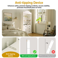 Bedroom scene with furniture and an anti-tipping device illustration, emphasizing safety.