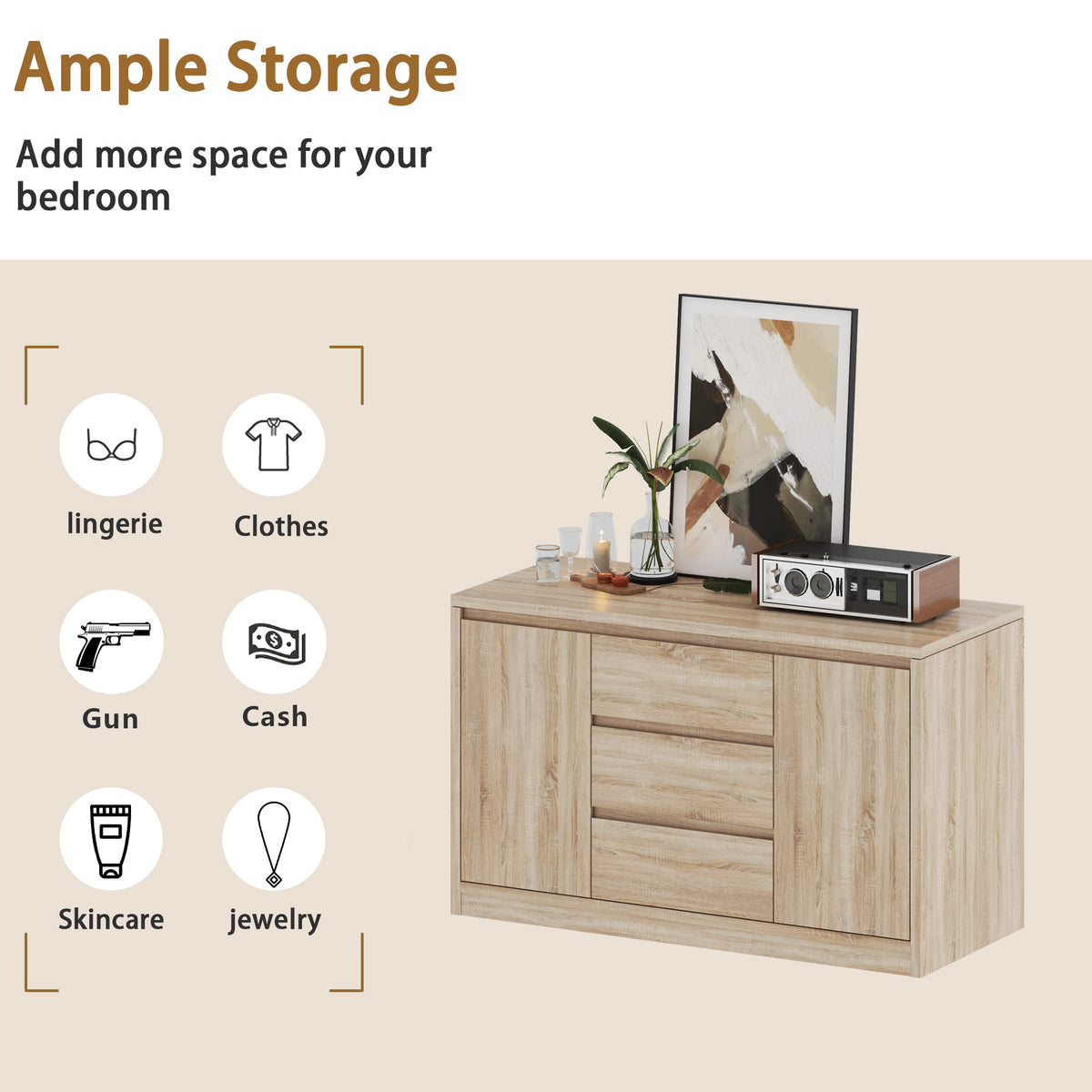 Wooden cabinet with storage categories on a beige background