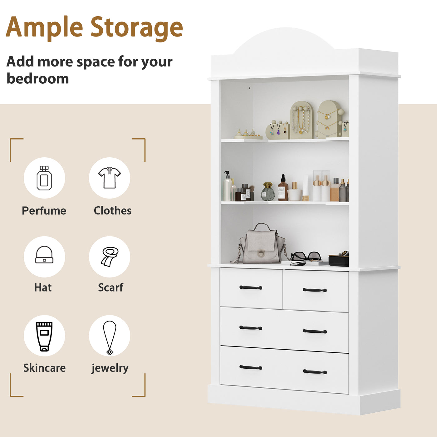 White storage cabinet with shelves and drawers, labeled for various items.