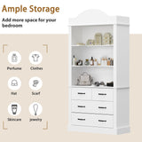 White storage cabinet with shelves and drawers, labeled for various items.
