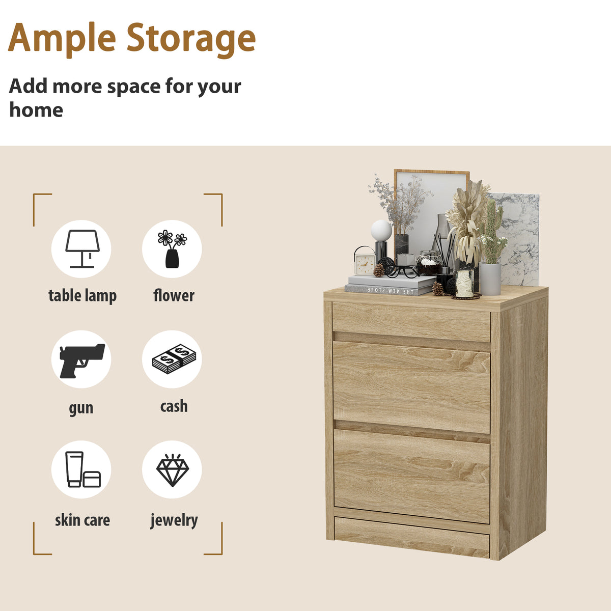 17.7" Smart Wood Nightstand with Hidden Gun Drawer & RFID Lock