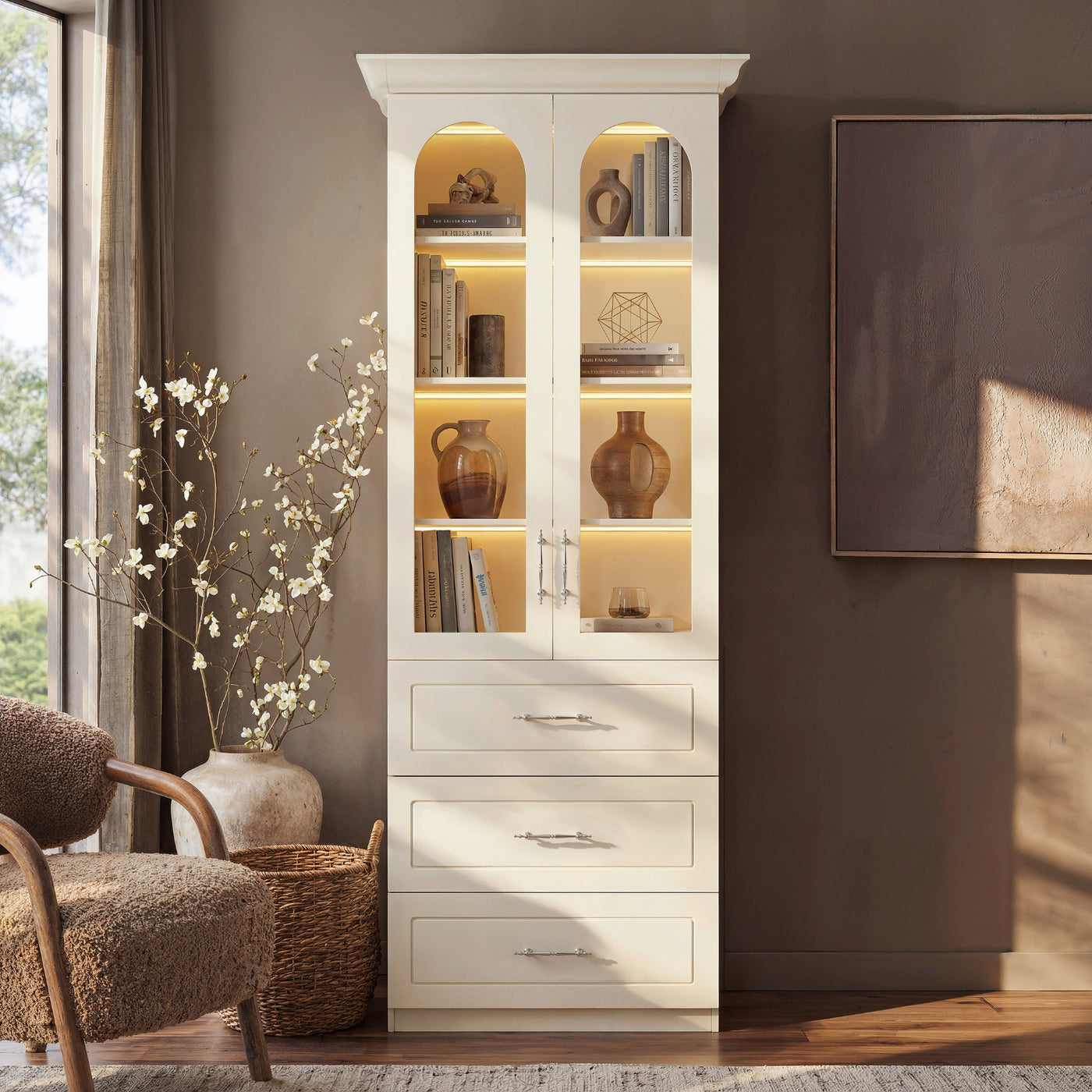 37" Modern Beige Display Cabinet with Arched Glass Doors, LED Lighting and 3 Drawers