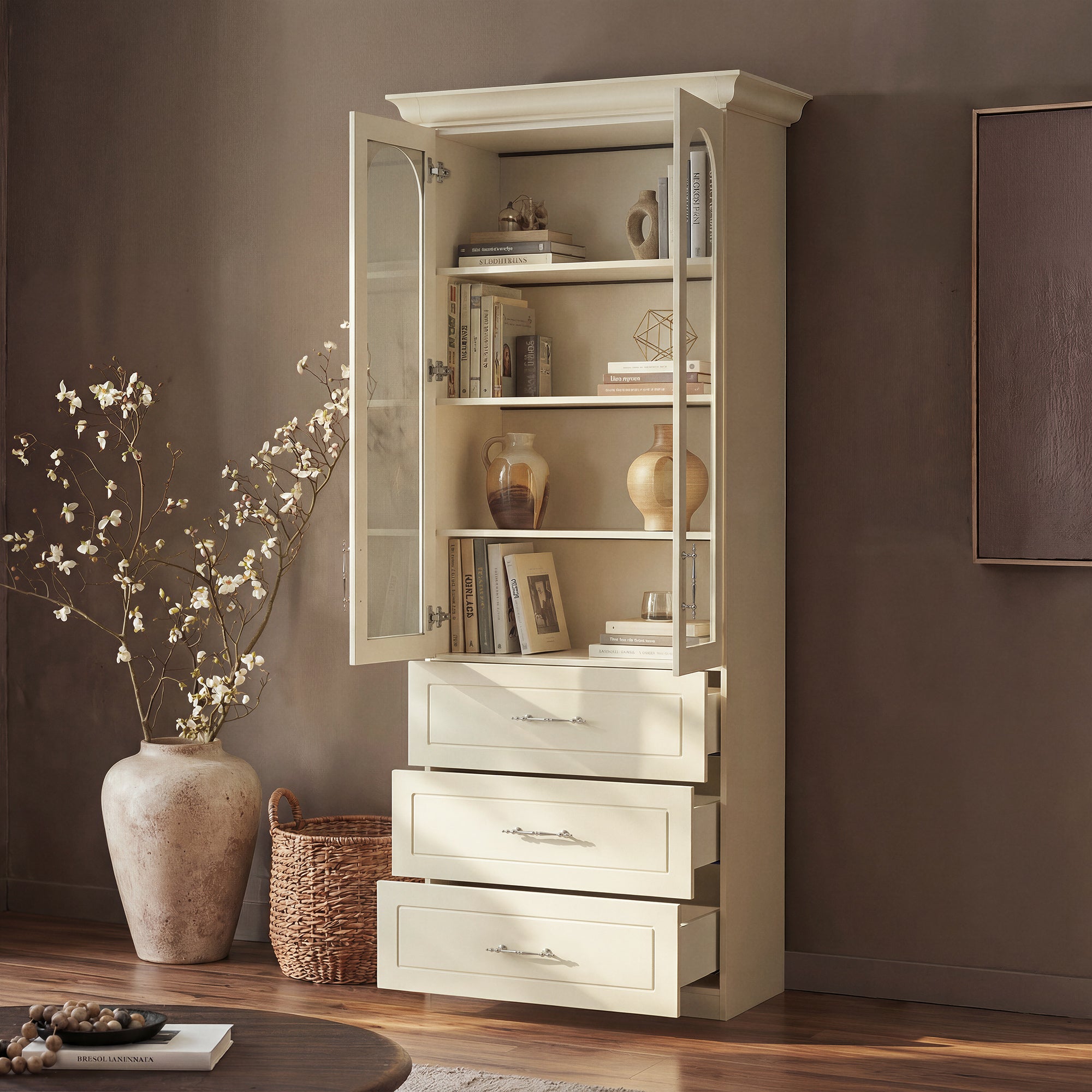 37 in. Modern White Display Cabinet with Arched Glass Doors, LED Lighting and 3 Drawers