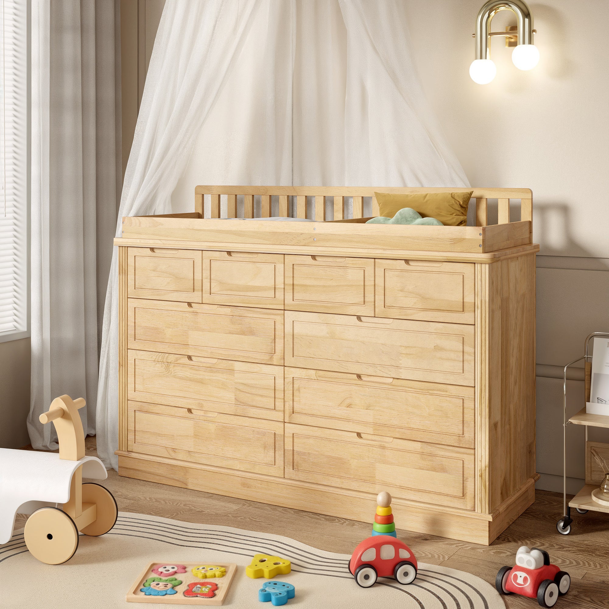 Wood changing table dresser with removable changing topper and multiple drawers