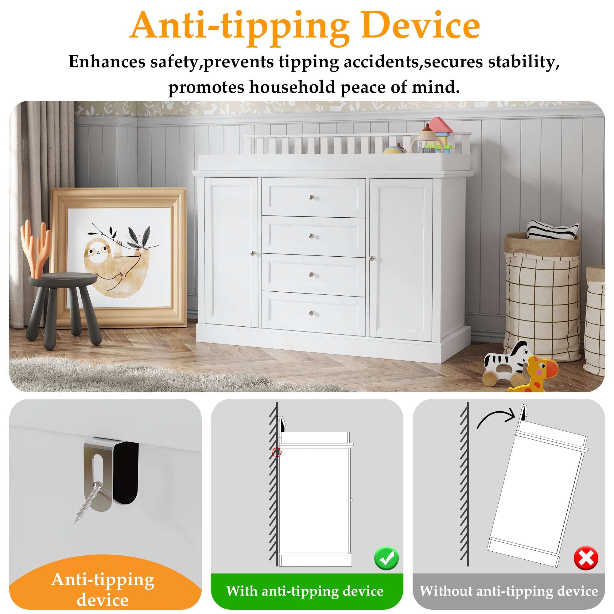 47.2" Wide White Changing Table Dresser With 2 Cabinets & 4 Drawers