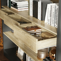 Wooden shelf with books, a notebook, and glasses on a wooden surface.