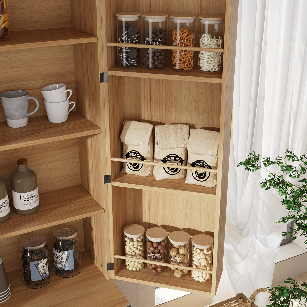 31.5" Modern Natural Pantry Cabinet with Door Shelves & 2 Drawers