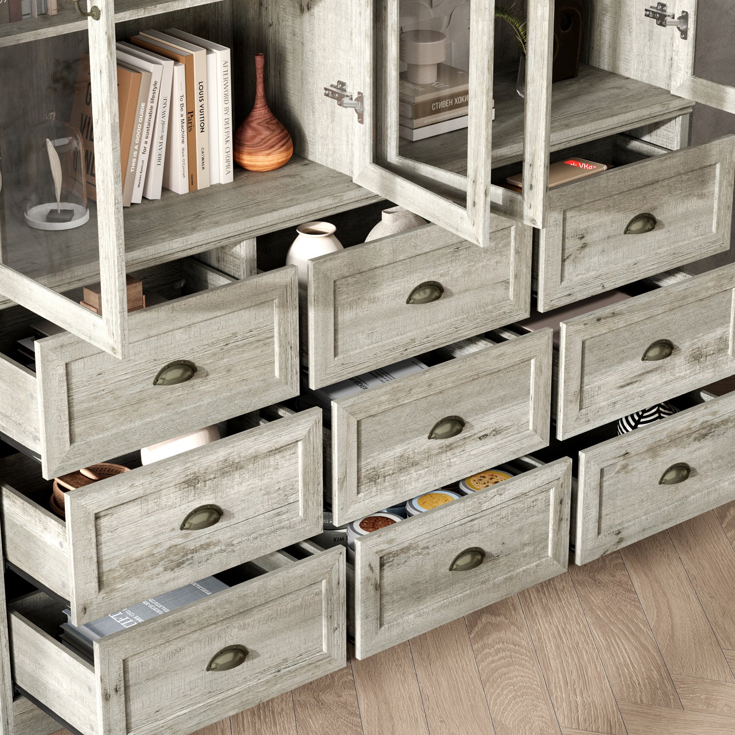 78.7'' H X 63'' W 9-Drawer Bookcase With Glass Doors