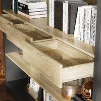 Wooden shelf with books and decorative items on a wooden floor.