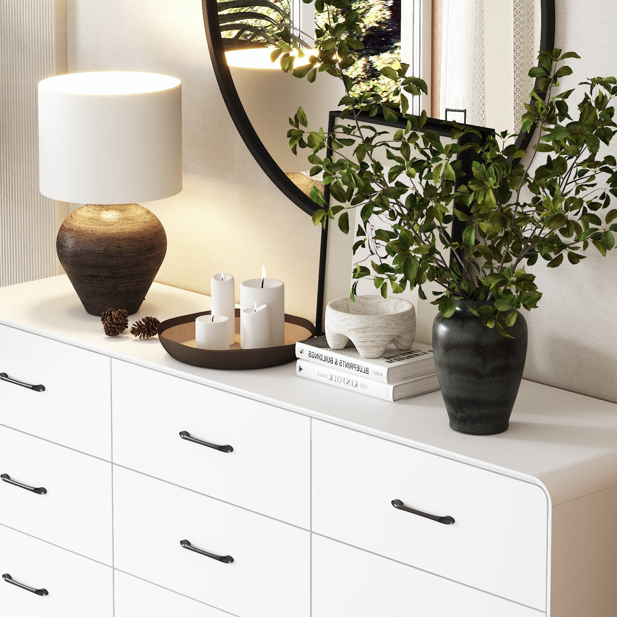 63" Modern White Rectangular Dresser With Nine Drawers And Metal Legs