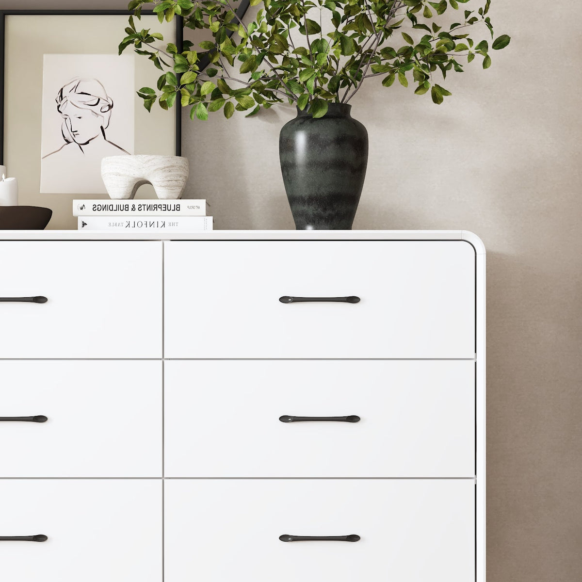 63" Modern White Rectangular Dresser With Nine Drawers And Metal Legs