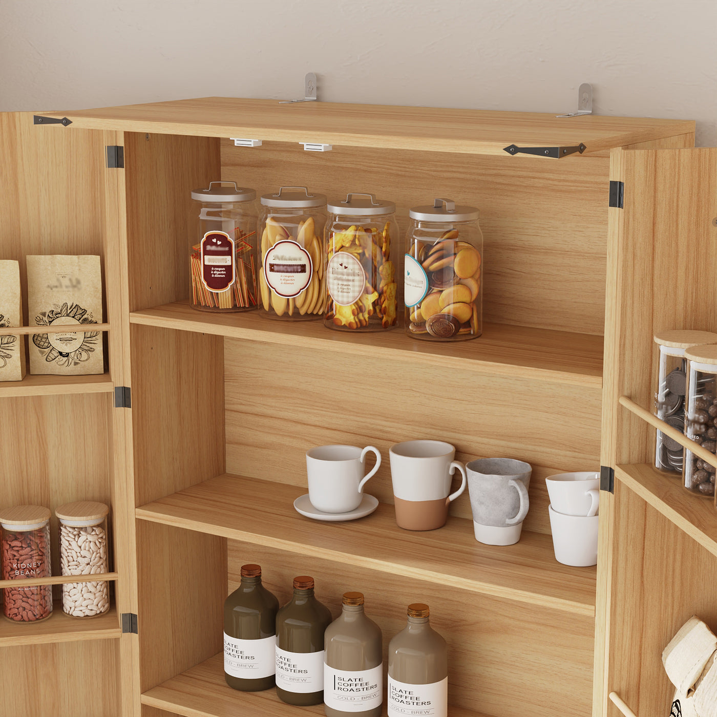 31.5" Modern Natural Pantry Cabinet with Door Shelves & 2 Drawers