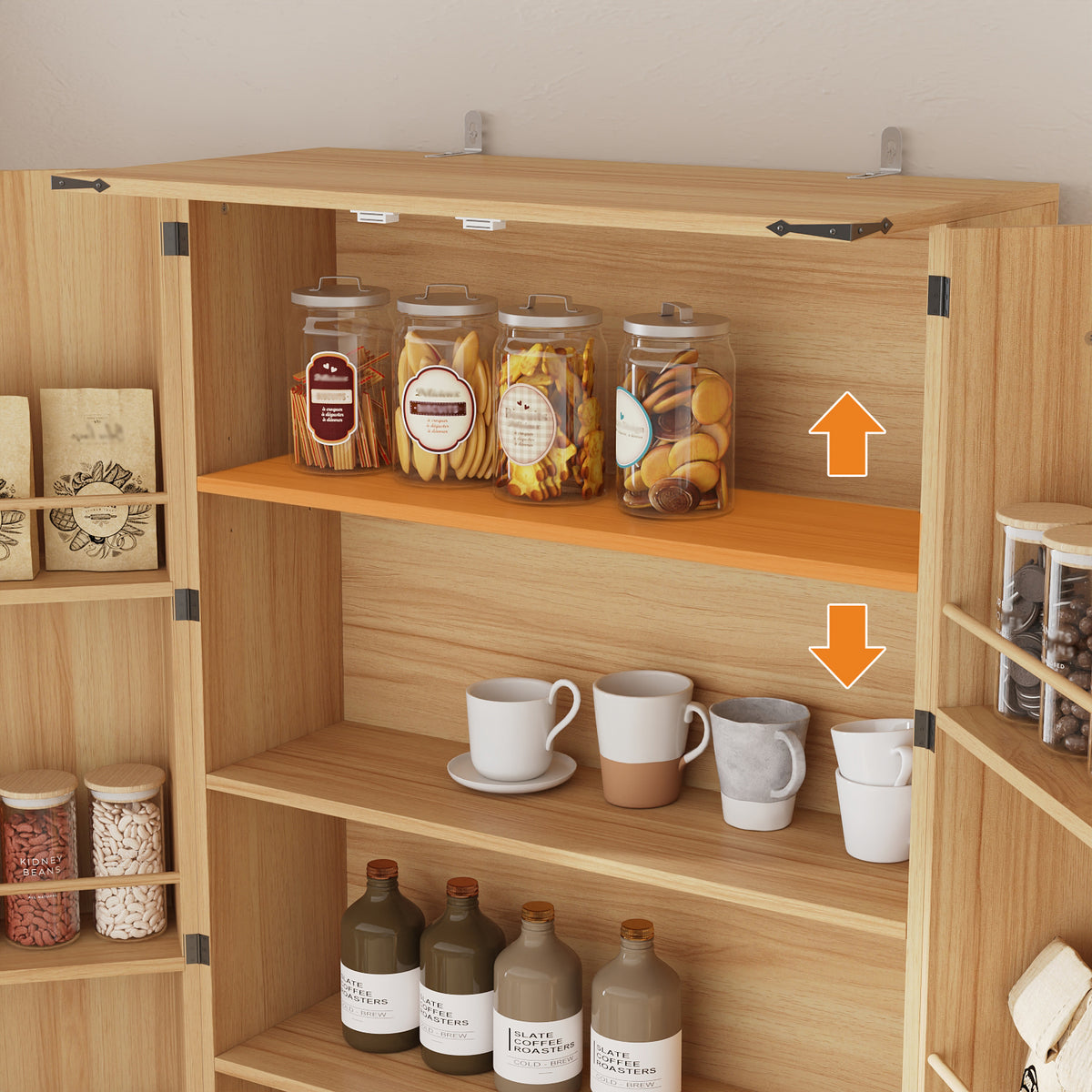 31.5" Modern Natural Pantry Cabinet with Door Shelves & 2 Drawers
