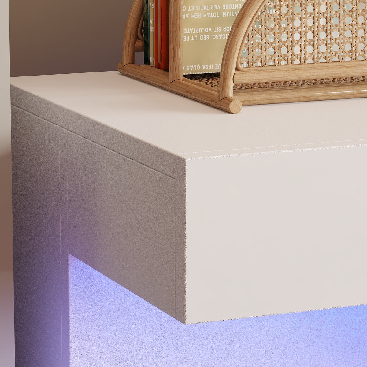 White TV stand with electric fireplace and LED lighting