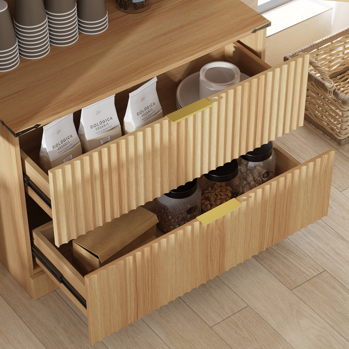 31.5" Modern Natural Pantry Cabinet with Door Shelves & 2 Drawers
