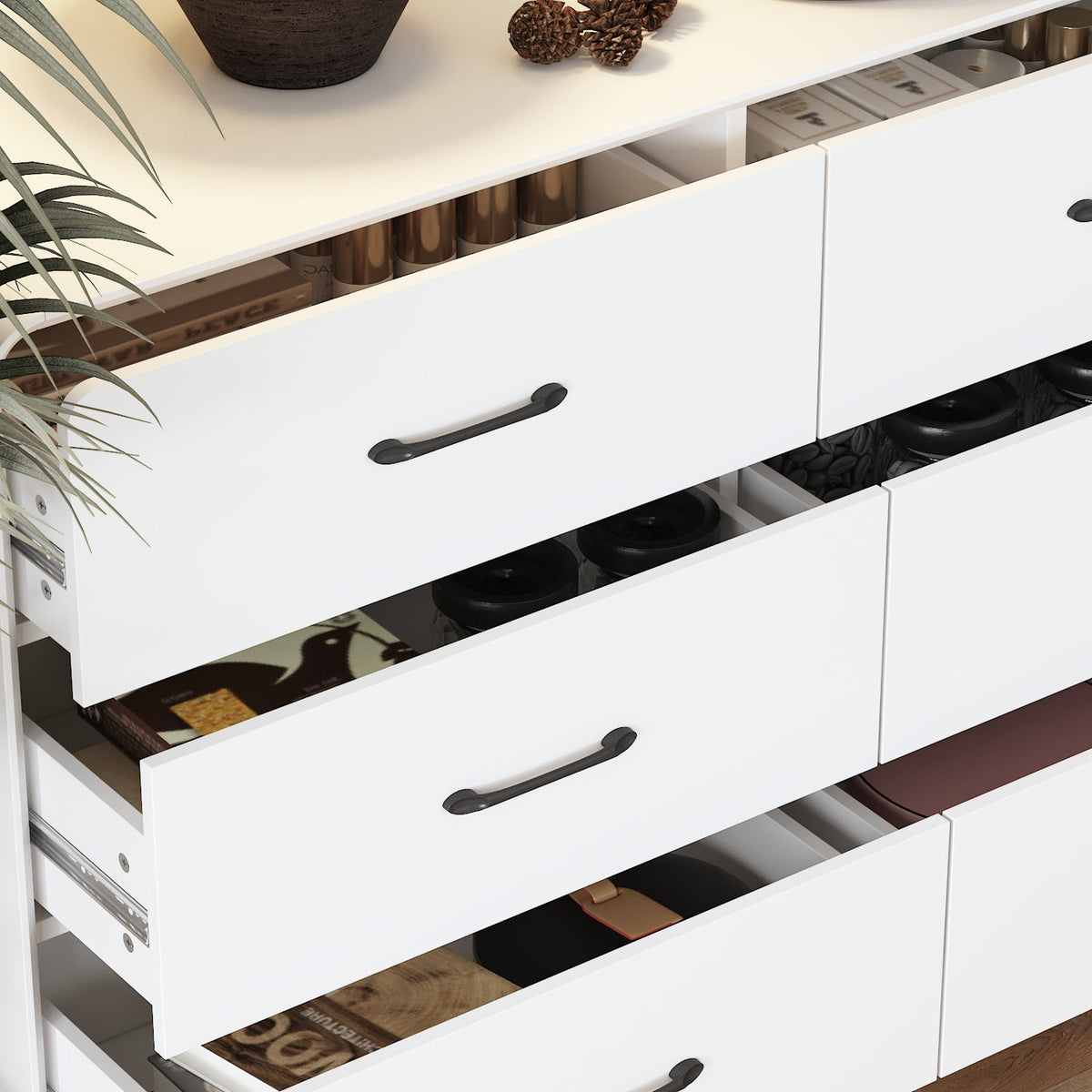 63" Modern White Rectangular Dresser With Nine Drawers And Metal Legs