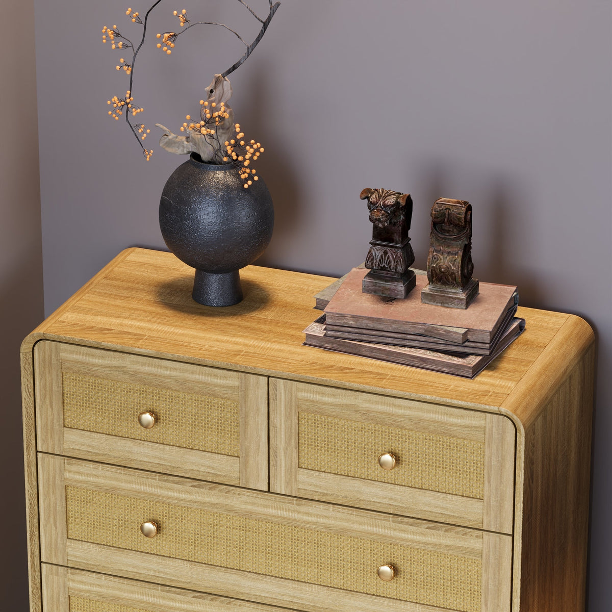 31.5" Modern Natural Vertical 5 Rattan Chest of Drawer