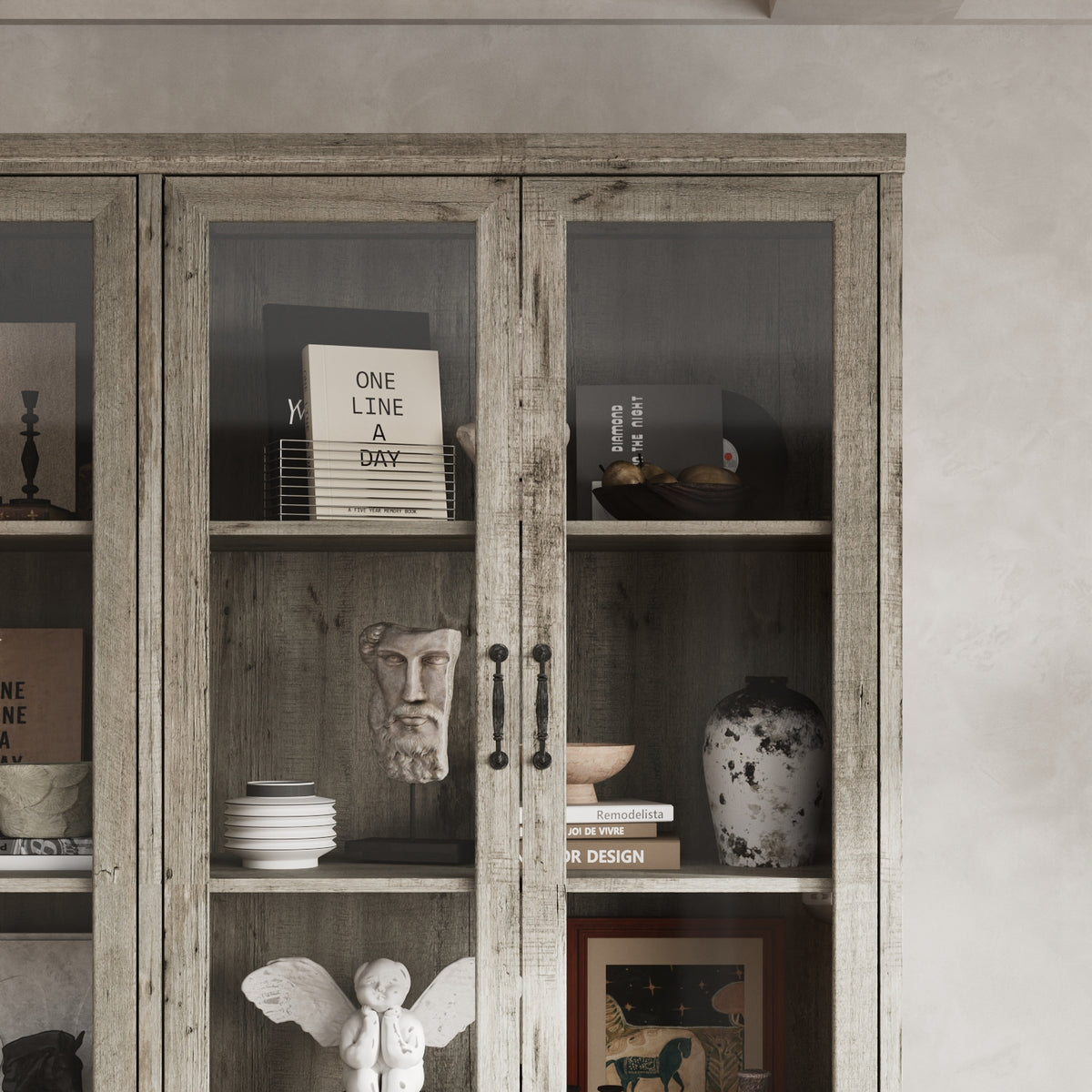 63" Vintage Oak Bookcase with 9 Drawers and 4 Glass Doors