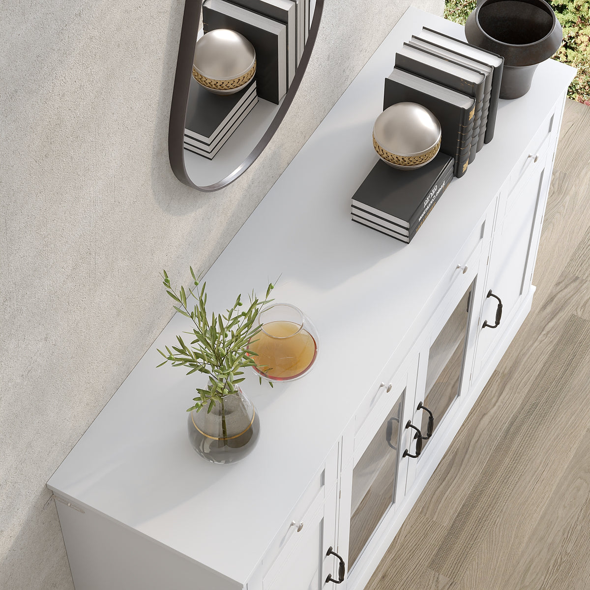 55" Modern White Sideboard Buffet Cabinet with 3 Drawers & LED Lights