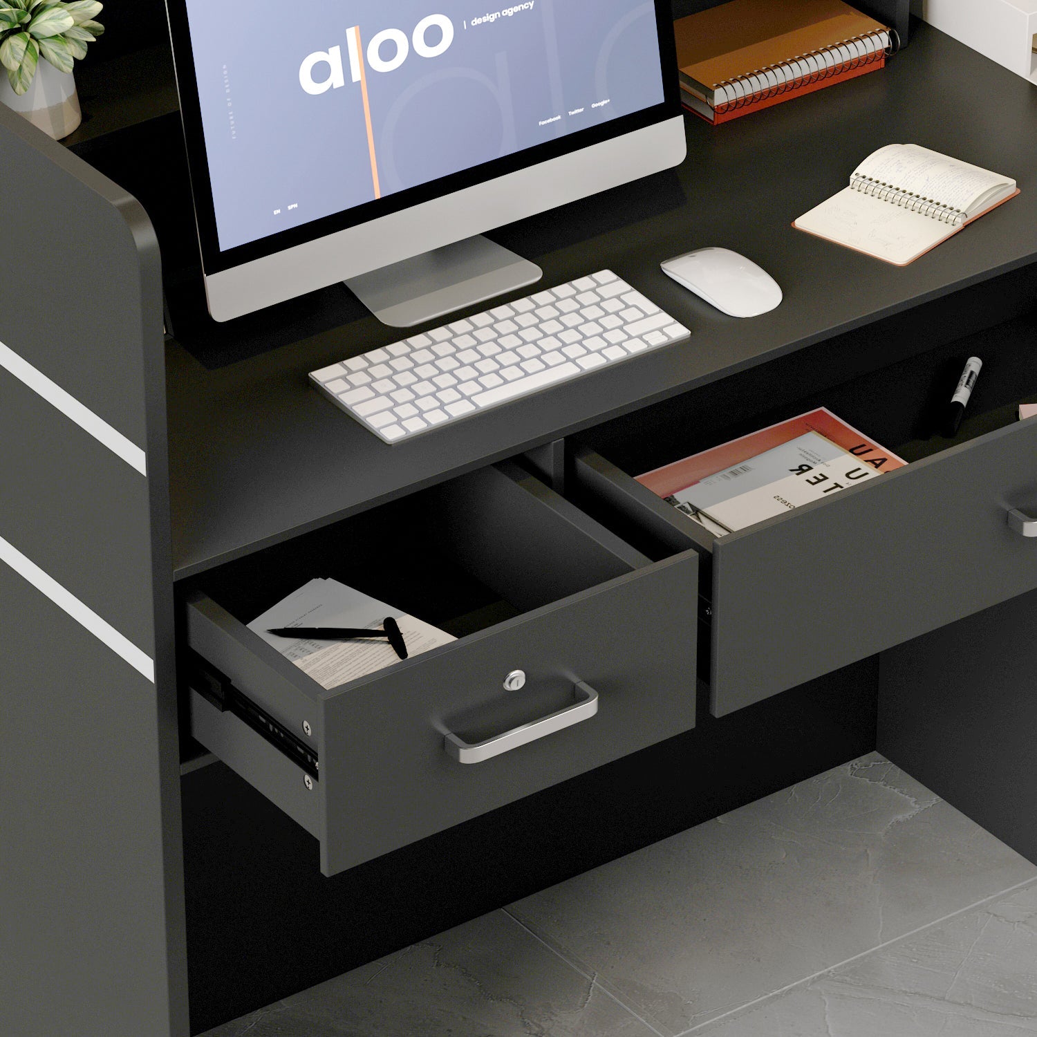 Modern Wooden Reception Desk Computer Table with Filing Cabinet Lockable Storage 47"W