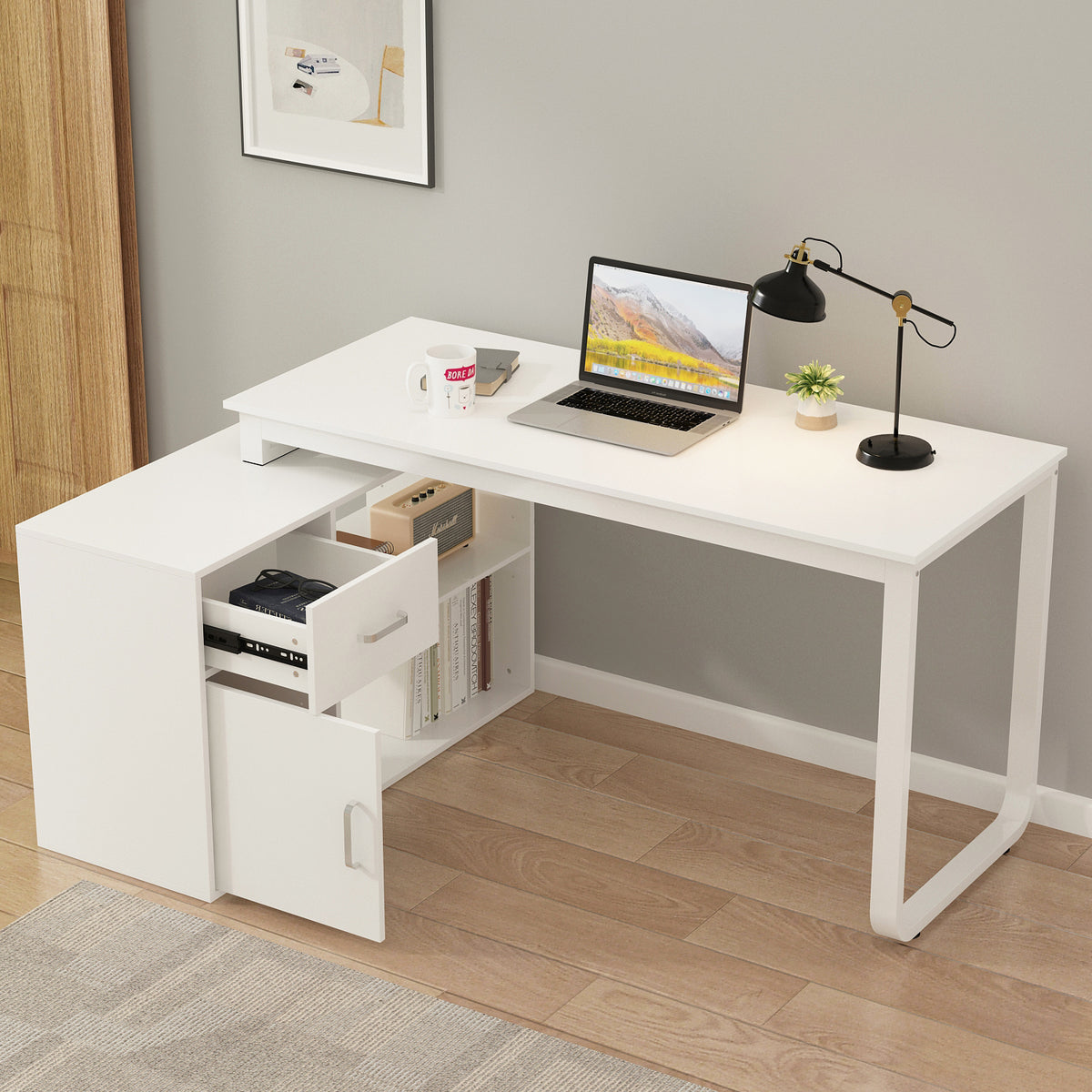 White L-shaped desk with a laptop, lamp, and mug in a room setting.