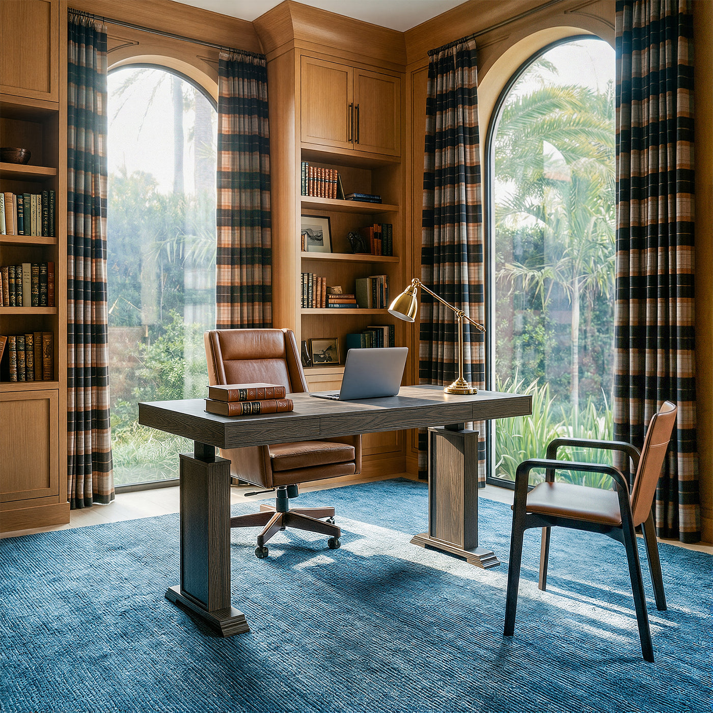 Dark wood standing desk with electric height adjustment and control panel