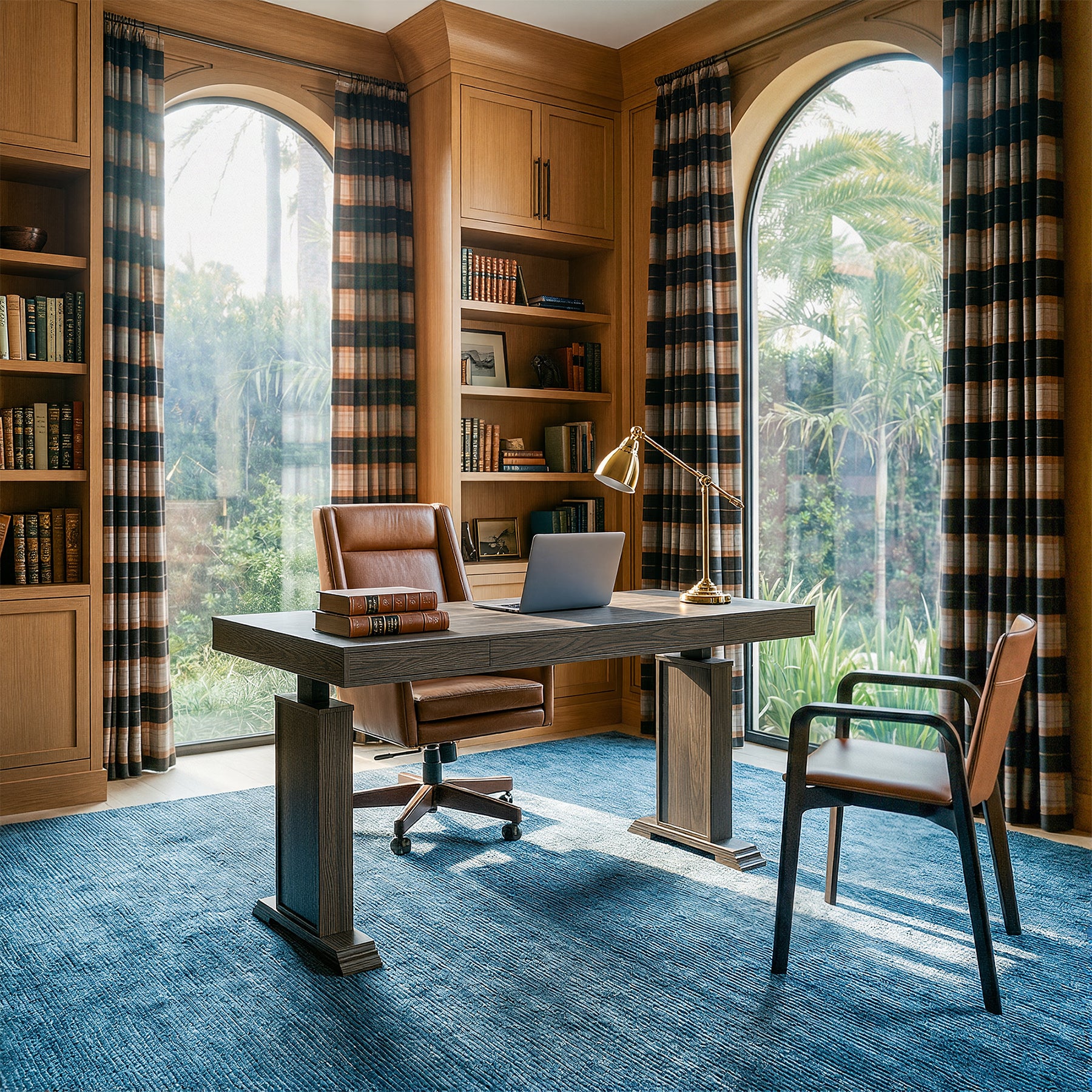 Dark wood standing desk with electric height adjustment and control panel