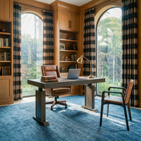 Dark wood standing desk with electric height adjustment and control panel