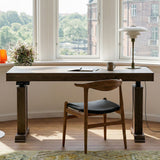 Dark wood standing desk with electric height adjustment and control panel