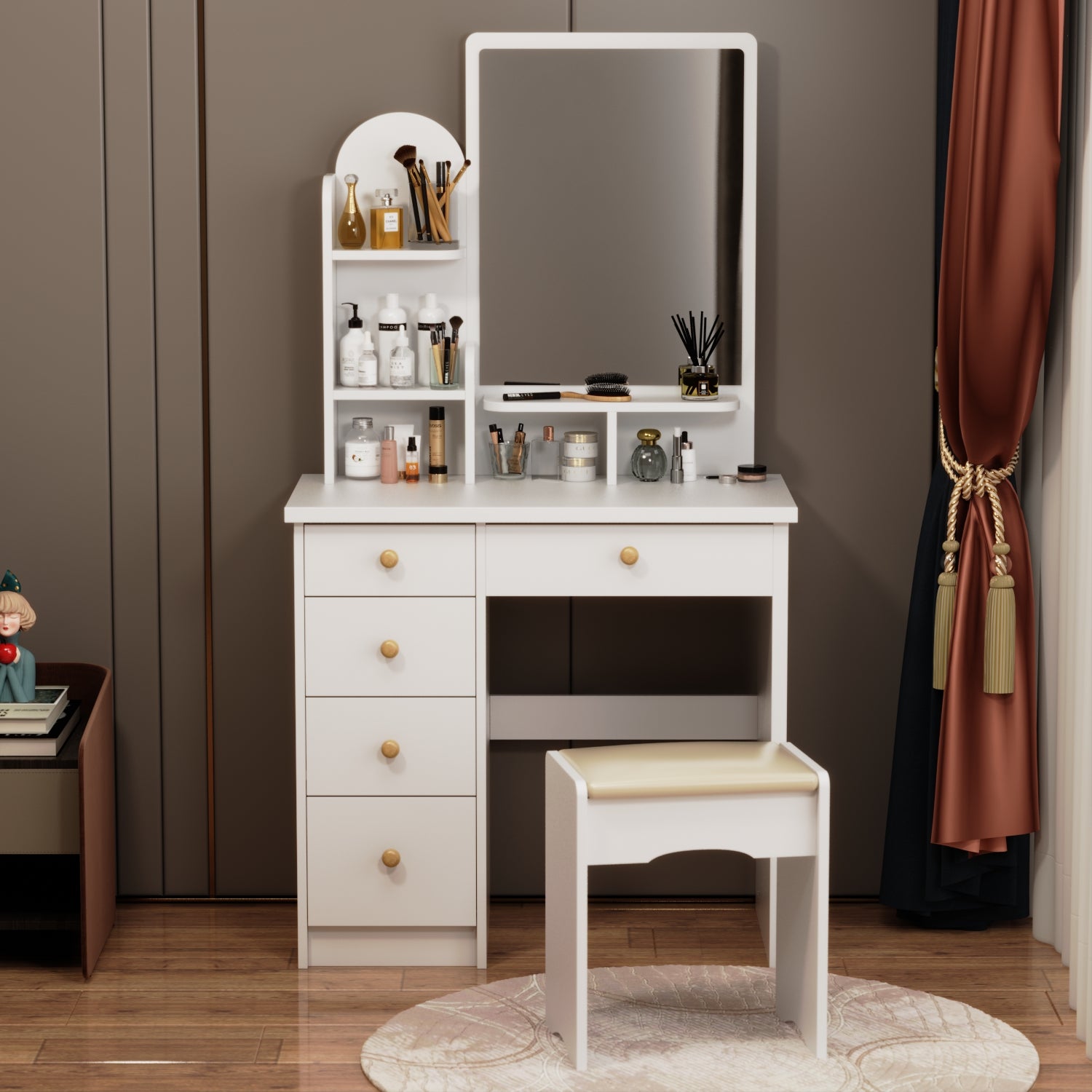 5-Drawers White Makeup Vanity Sets Dressing Table Sets With Stool, Mirror,  LED Light and 3-Tier Storage Shelves