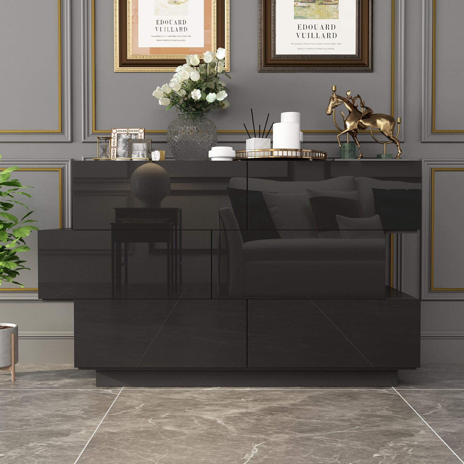 High Gloss Double Dress Chest 6-Drawer Sideboard for Living Room