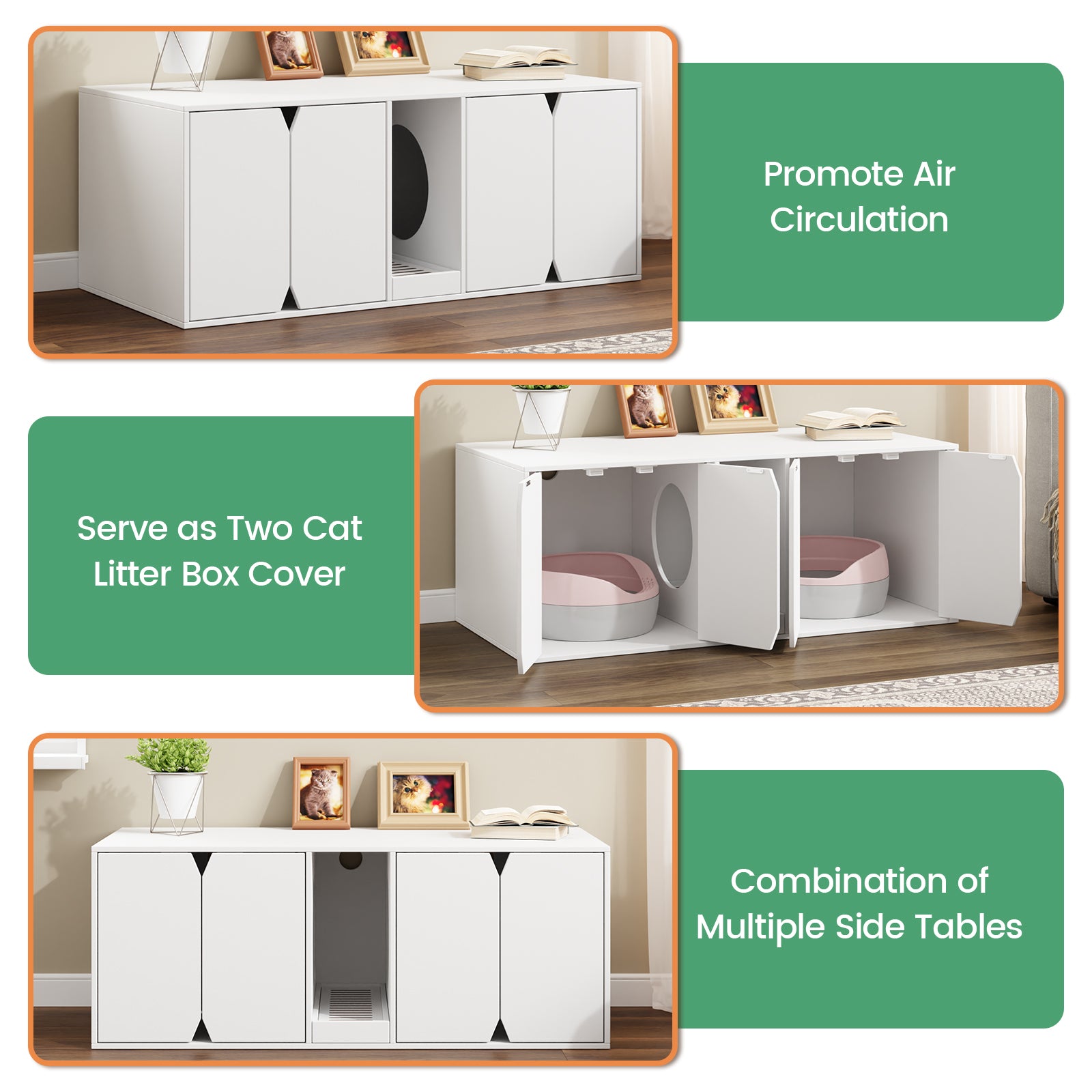 Cat Litter Box Enclosure Hidden Washroom 2 Rooms with Catcher