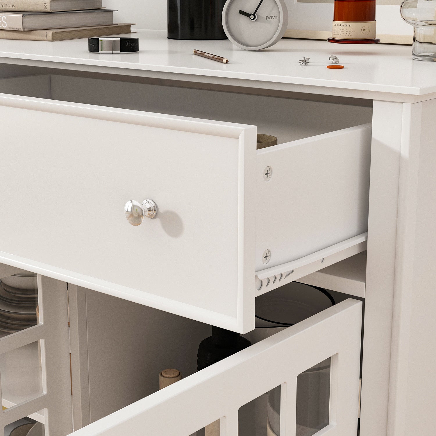 Durable Storage Sideboard Living Room Cabinet with 3 Glass Doors & 2 Drawers