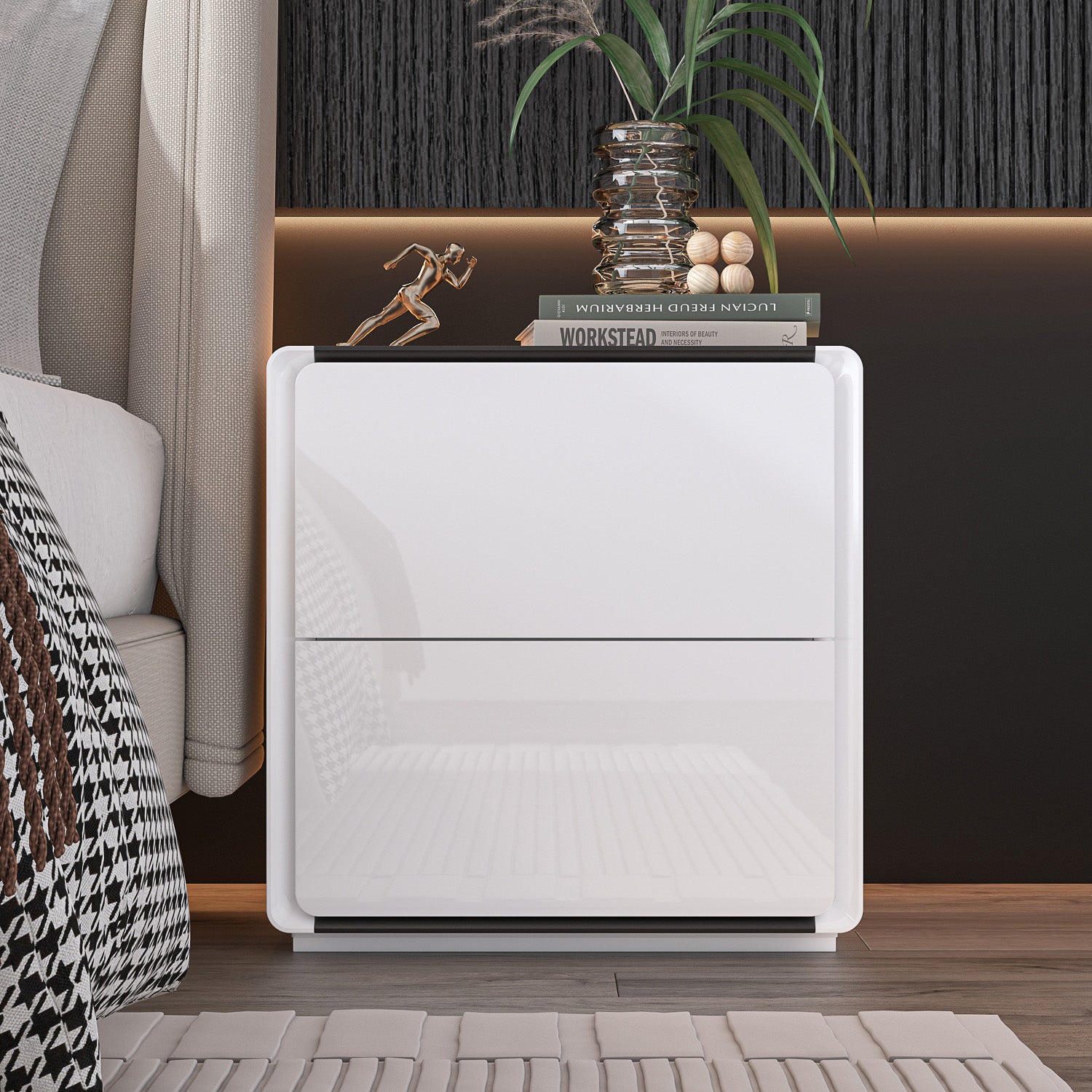 Nightstand High Gloss Bedside Table with LED Light 2-Drawer End Table