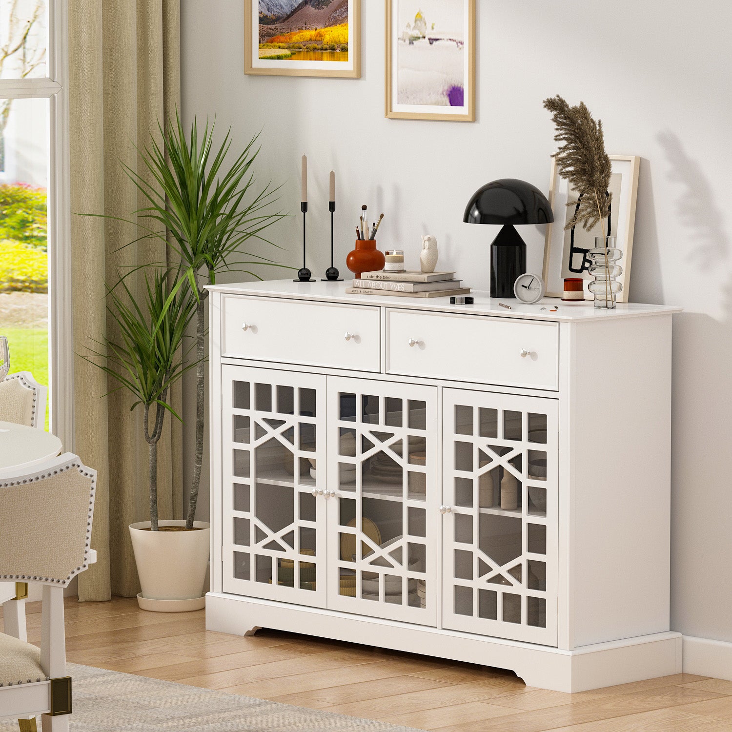 Durable Storage Sideboard Living Room Cabinet with 3 Glass Doors & 2 Drawers