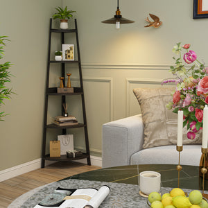 Corner Shelf 5-Tier Rustic Corner Bookshelf Bookcase Industrial Corner Ladder Shelf Plant Stand for Living Room