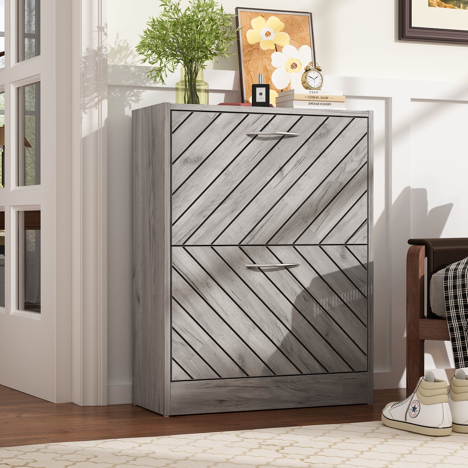 Rustic Shoe Organizer for Hallway Entryway Shoe Cabinet with 2 Flip Drawers