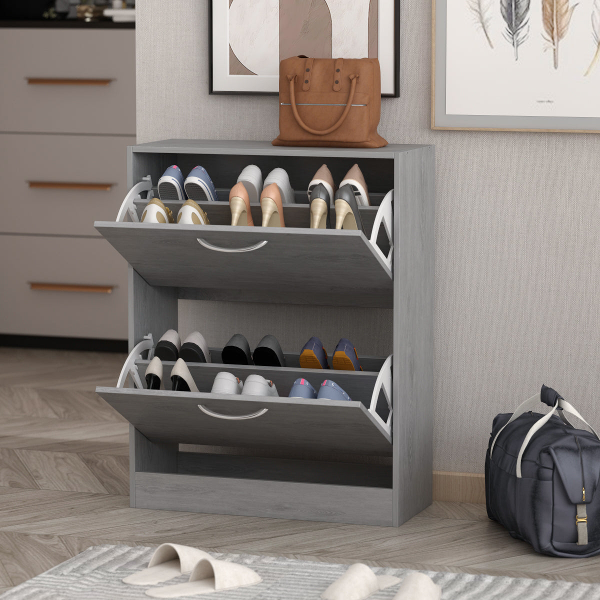 Modern Entryway White Shoe Storage Narrow Shoe Cabinet with 2 Flip Doors &  1 Drawer