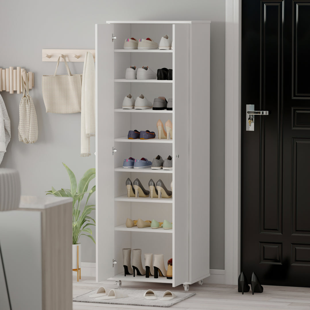 2-Door Tall Shoes Storage Cabinet with Wheels, Modern 8-Tier Wood Shoe Rack  Storage Organizer for Entryway Hallway White