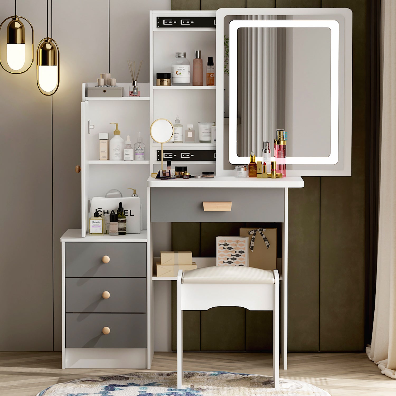Everly Quinn Vanity Table Set with Storage Cabinet and Drawers, Cushioned  Stool, Adjustable Brightness | Wayfair