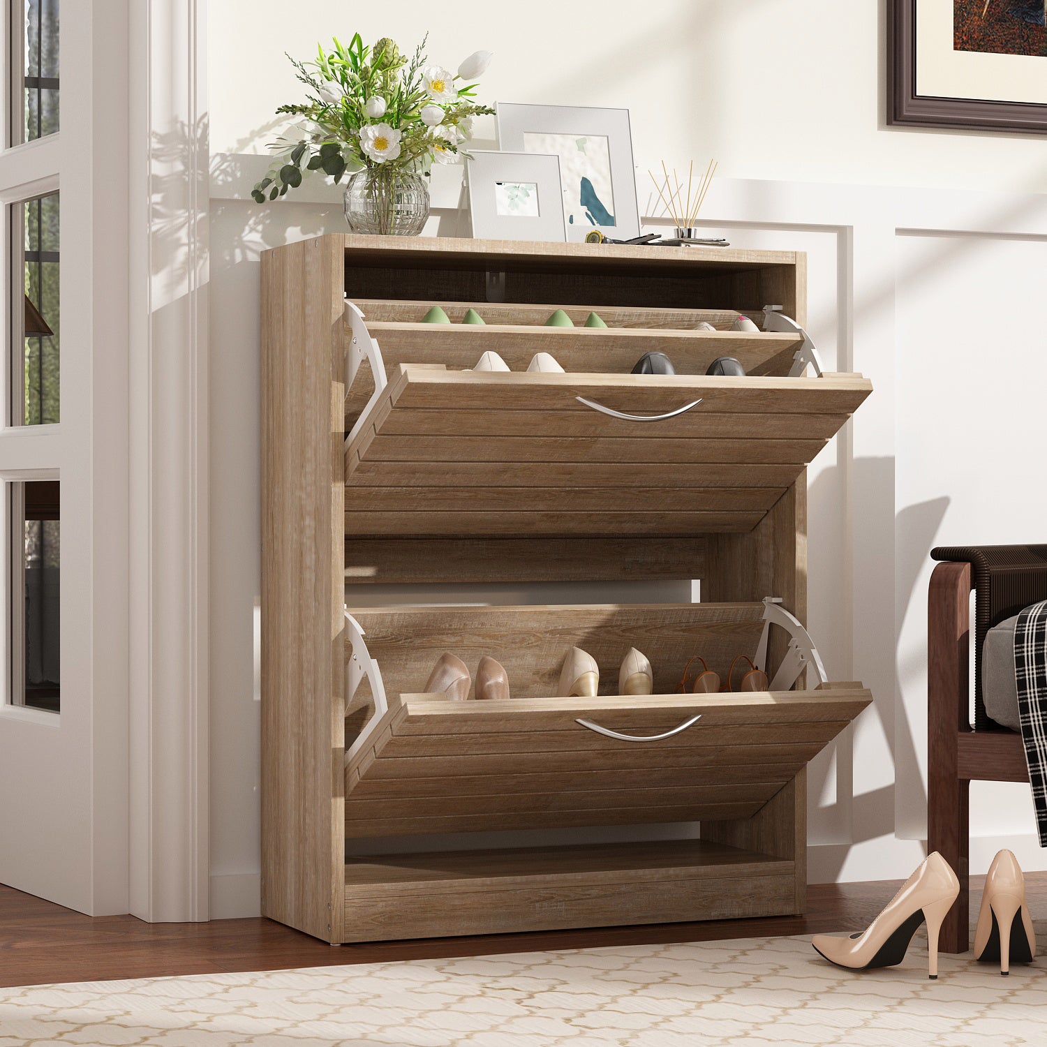 Wooden shoe rack online with drawers