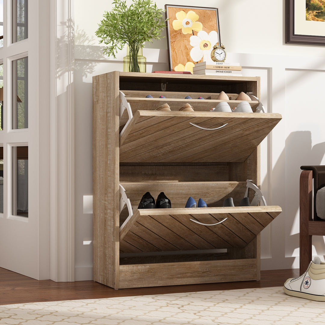 Modern Entryway White Shoe Storage for 10 Pairs Shoes Narrow Shoe Cabinet with 2 Flip Doors & 1 Drawer