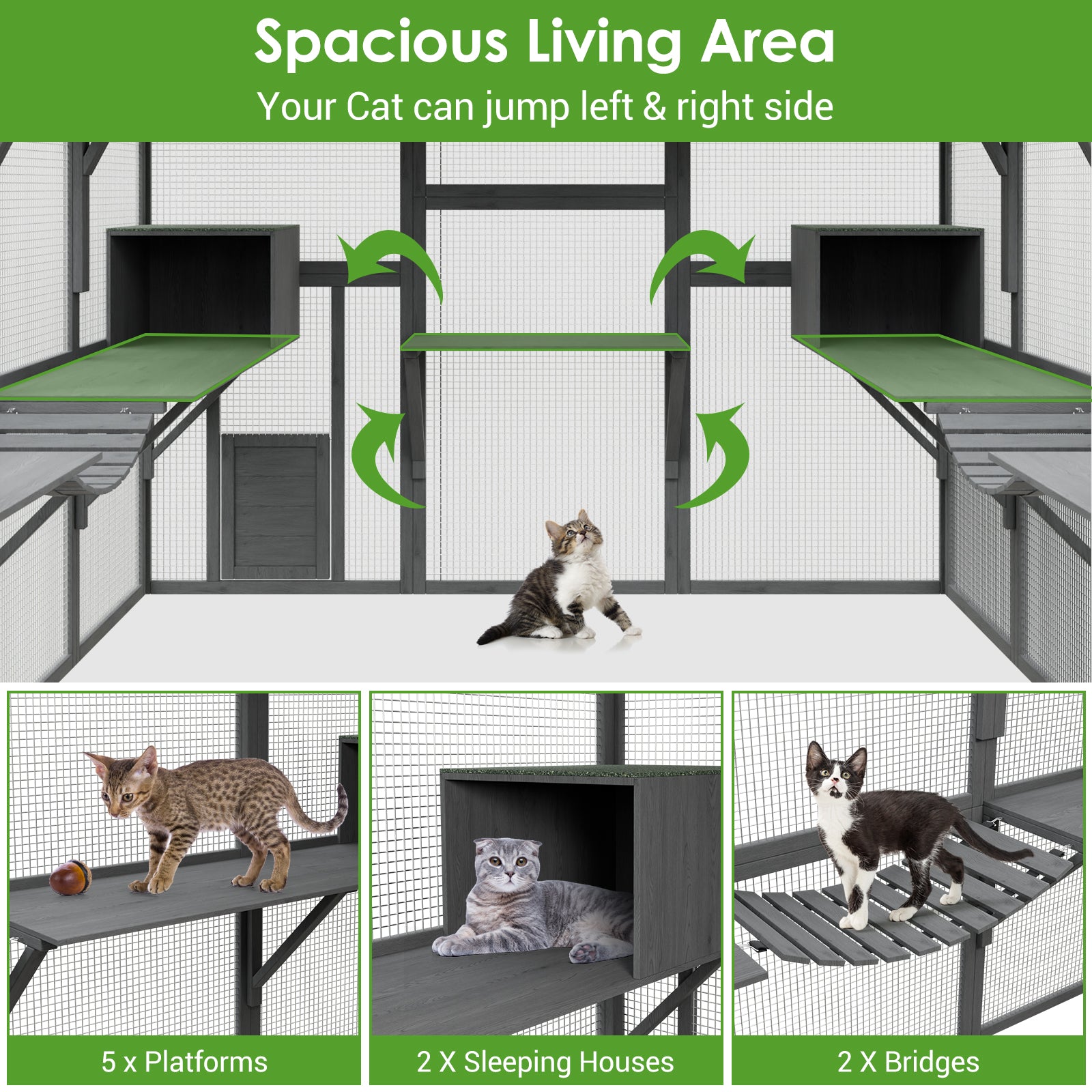 Large Cat Run Wooedn Cat Houses Outdoor Enclosure with Sleeping Houses Bridges Walks