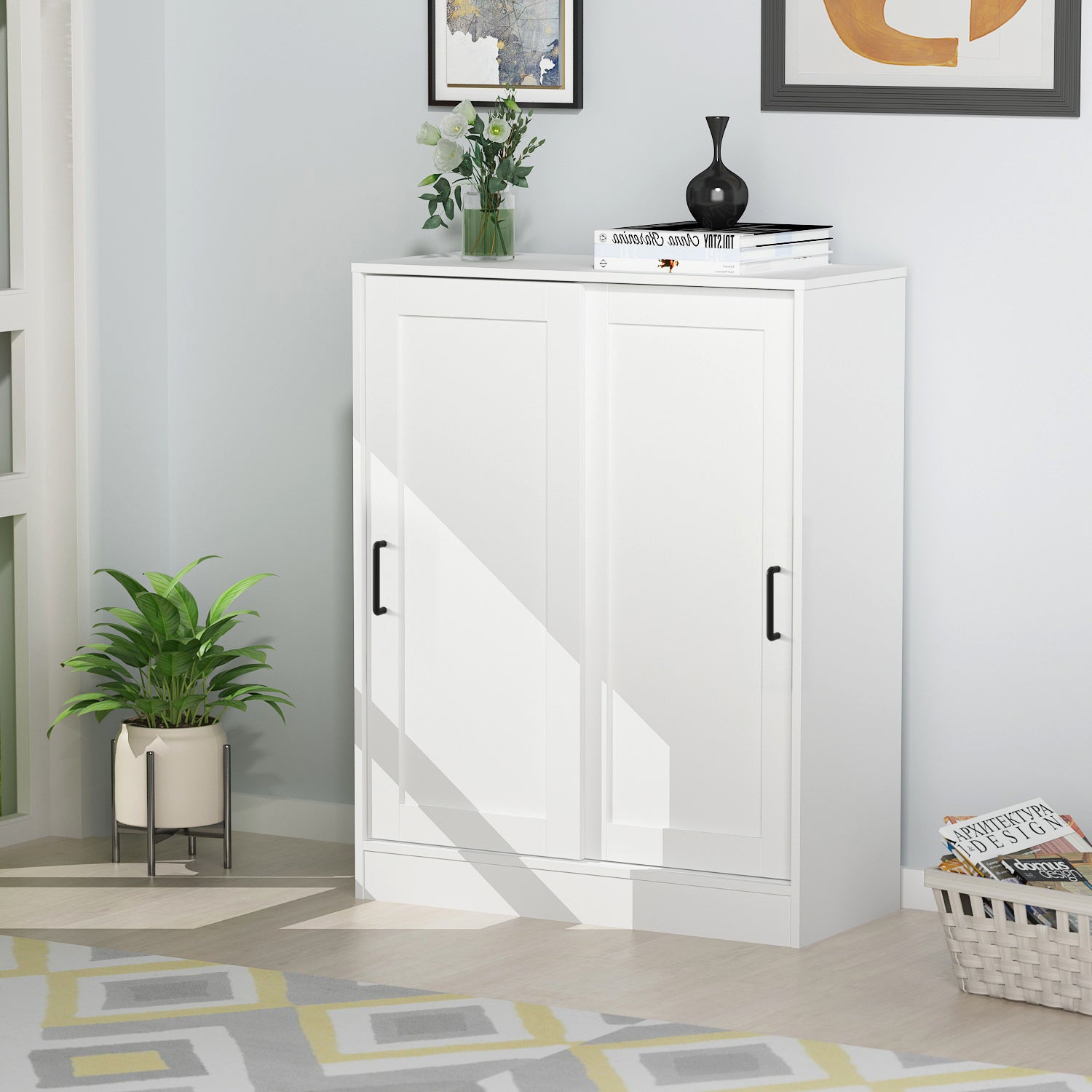 Shoe Cabinet 2-Door with Wheels — FUFUGAGA White