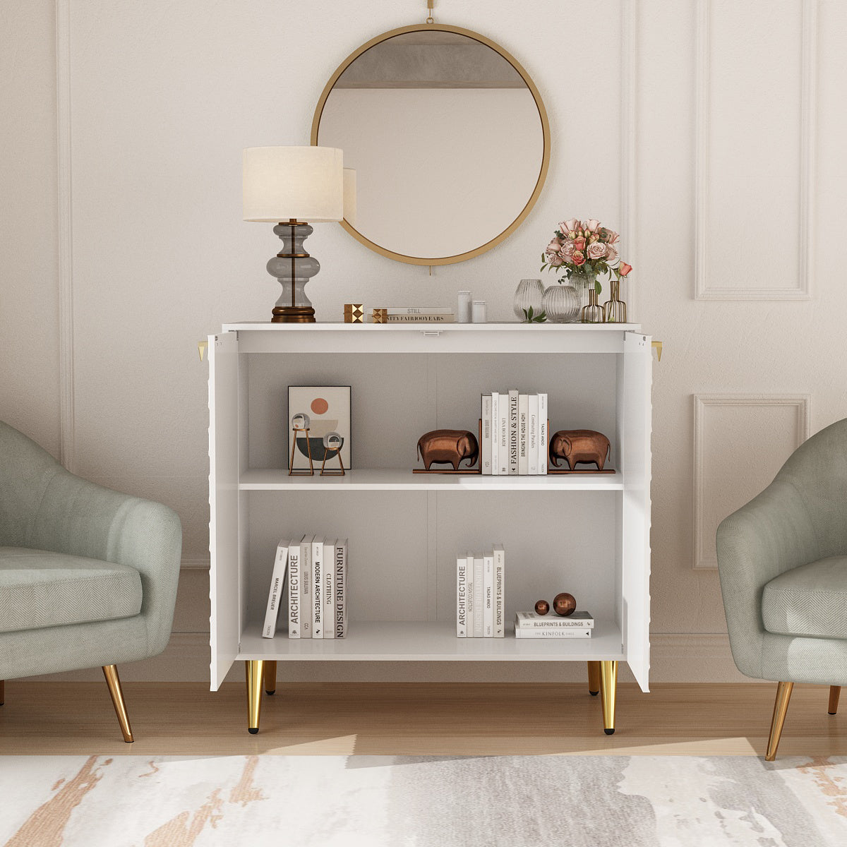 Home Sideboard Buffet Wood Accent Cabinet with Cellular Pattern Doors