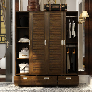 Brown Wardrobe Large Bedroom Armoire 4 Sliding Doors and 3 Drawers