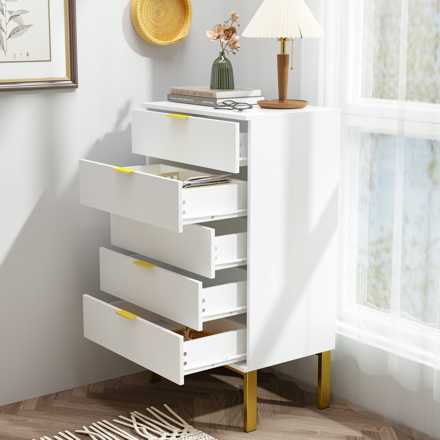 5-Drawer Dresser Chest Storage Cabinet Organizer Unit with Metal Legs for Bedroom Living Room Entryway Hallway