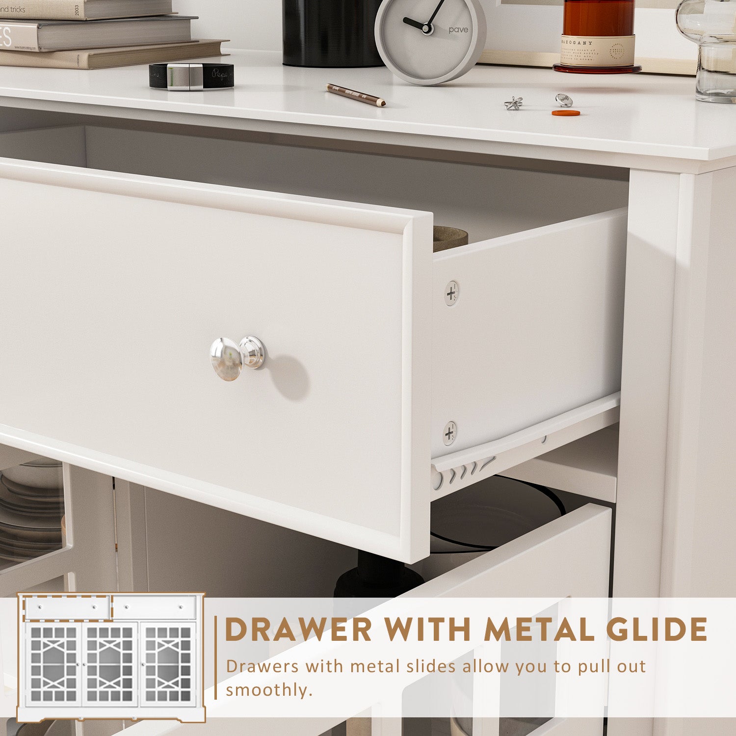Durable Storage Sideboard Living Room Cabinet with 3 Glass Doors & 2 Drawers