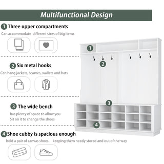 Large Hall Tree with Storage Bench 3-in-1 Entryway Bench with Double Hooks 18 Cubes